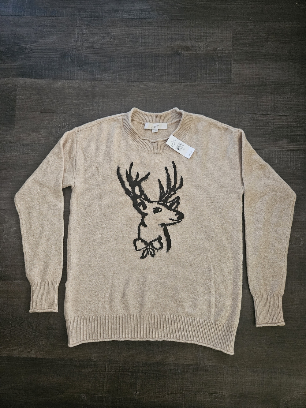 LOFT NWT Deer Graphic Crewneck Sweater Oatmeal Heather - Size XS